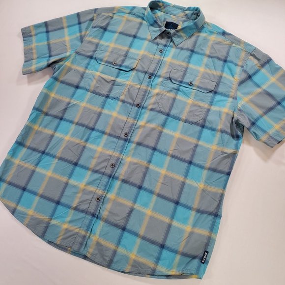 Prana Shirt Men 2XL Blue Plaid Nylon Short Sleeve Button Up Outdoor Gorpcore - Picture 7 of 14